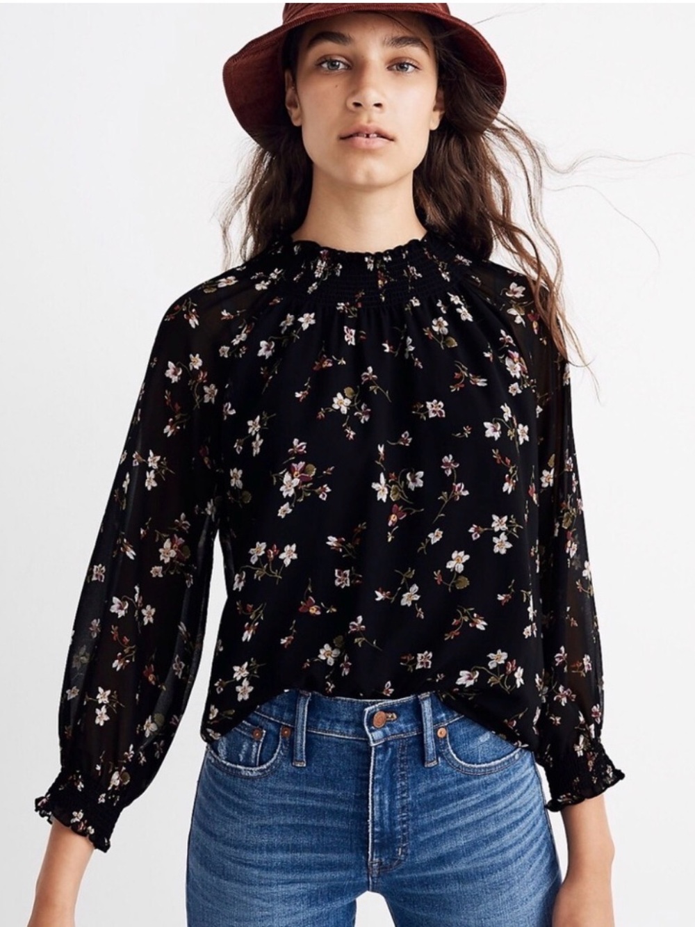 NWOT Madewell Small Black Floral Smocked Blouse Backyard Blooms Chiffon Garden